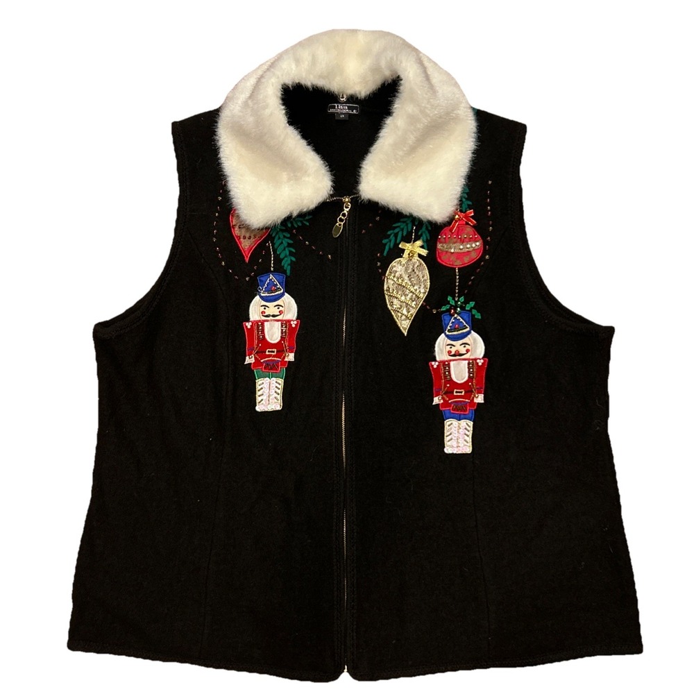 Vtg Lisa Inter Christmas Sweater Vest 2X Faux Fur Black Toy Soldier Sequins Wool